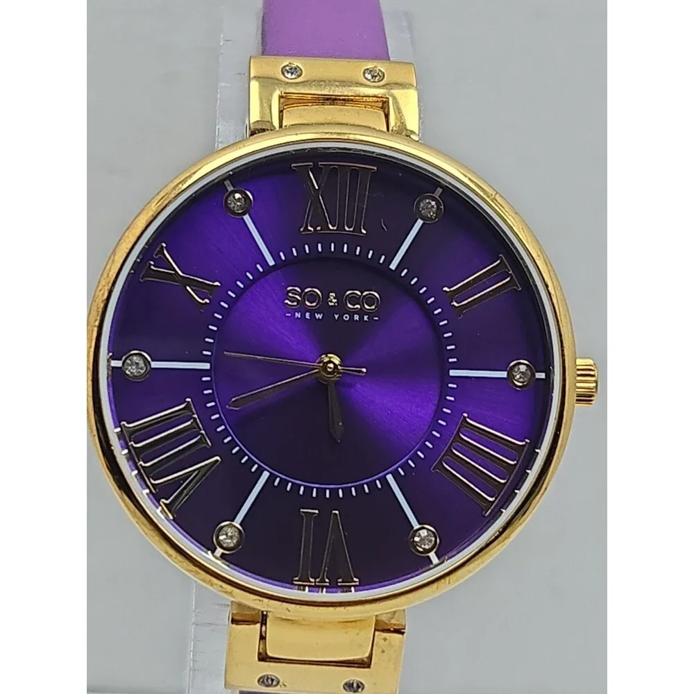 SO & CO New York Womens Studio 34mm Purple Gold Tone Leather Watch New Battery
